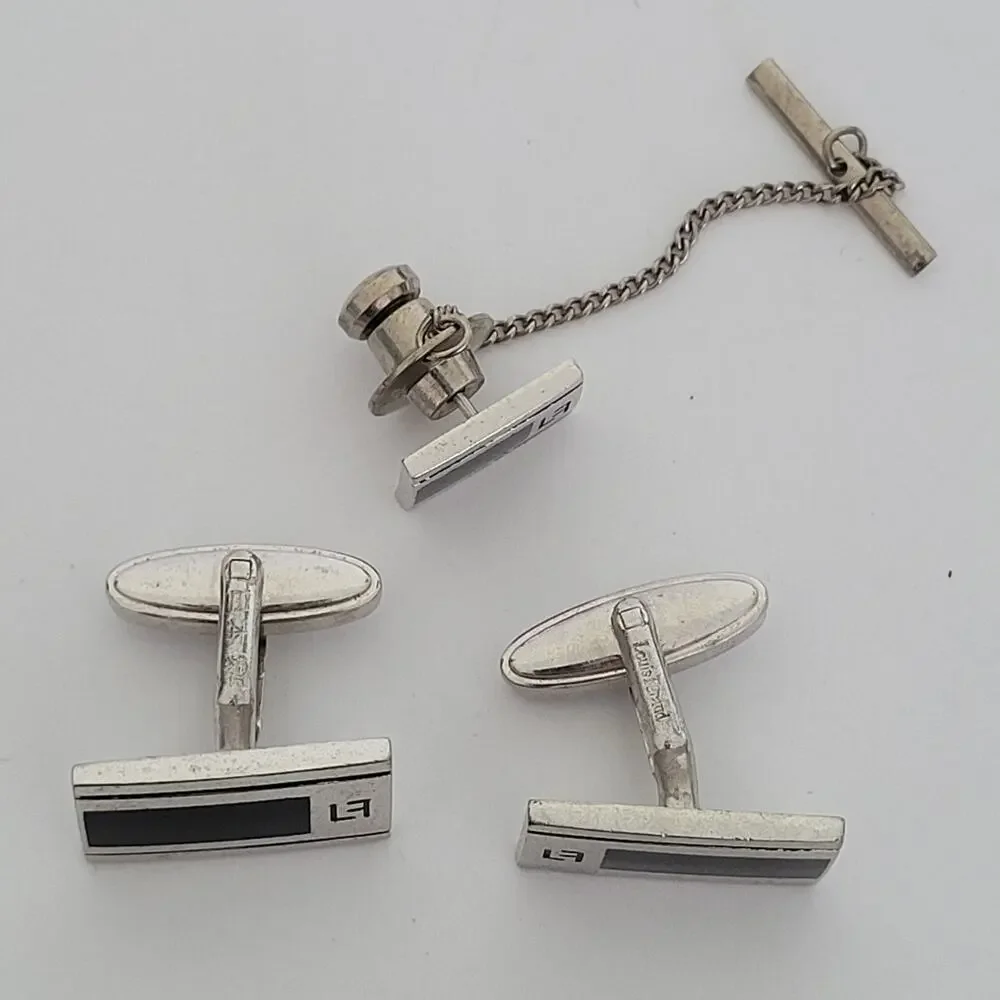 Louis Feraud LF Tie Pin Clip Cufflinks Set Silver Black Tone Designer Rectangle
